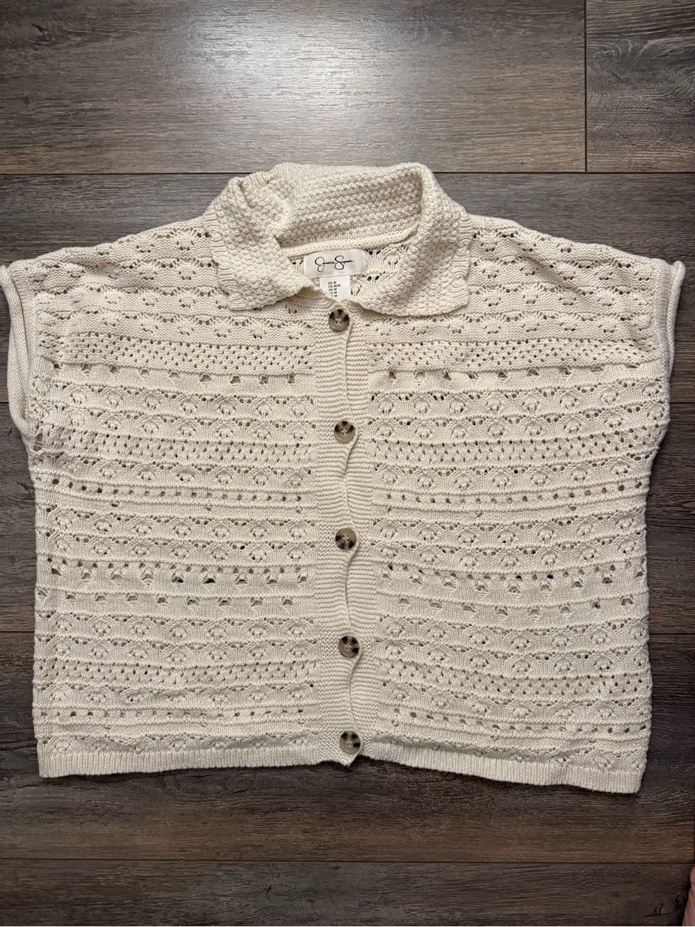 Jessica Simpson Cream Openwork Button-Up Short Sleeve Cardigan
